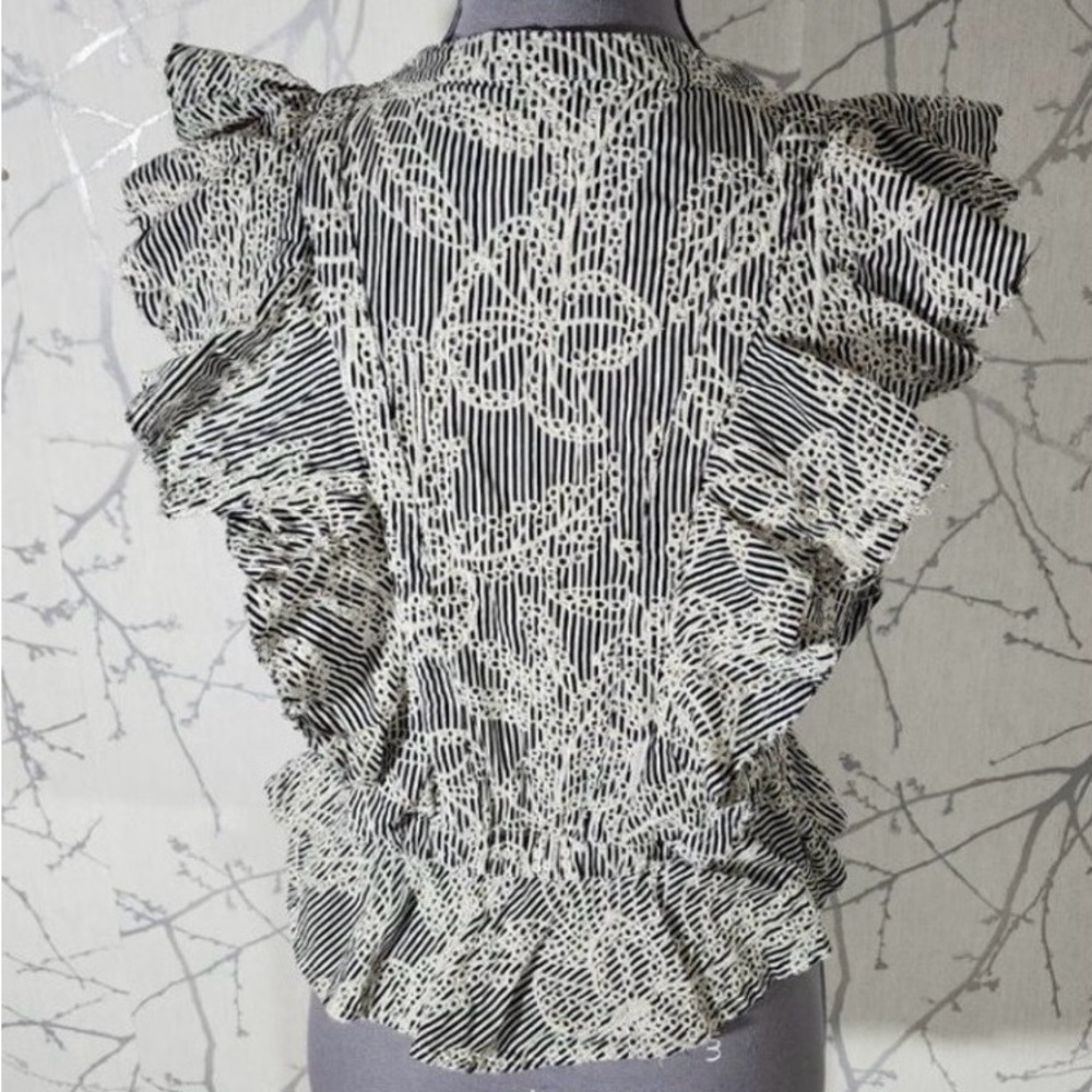 Mcguire Striped Ruffled Floral Embroidered
Eyelet Tassel Peplum Blouse - Picture 3 of 15